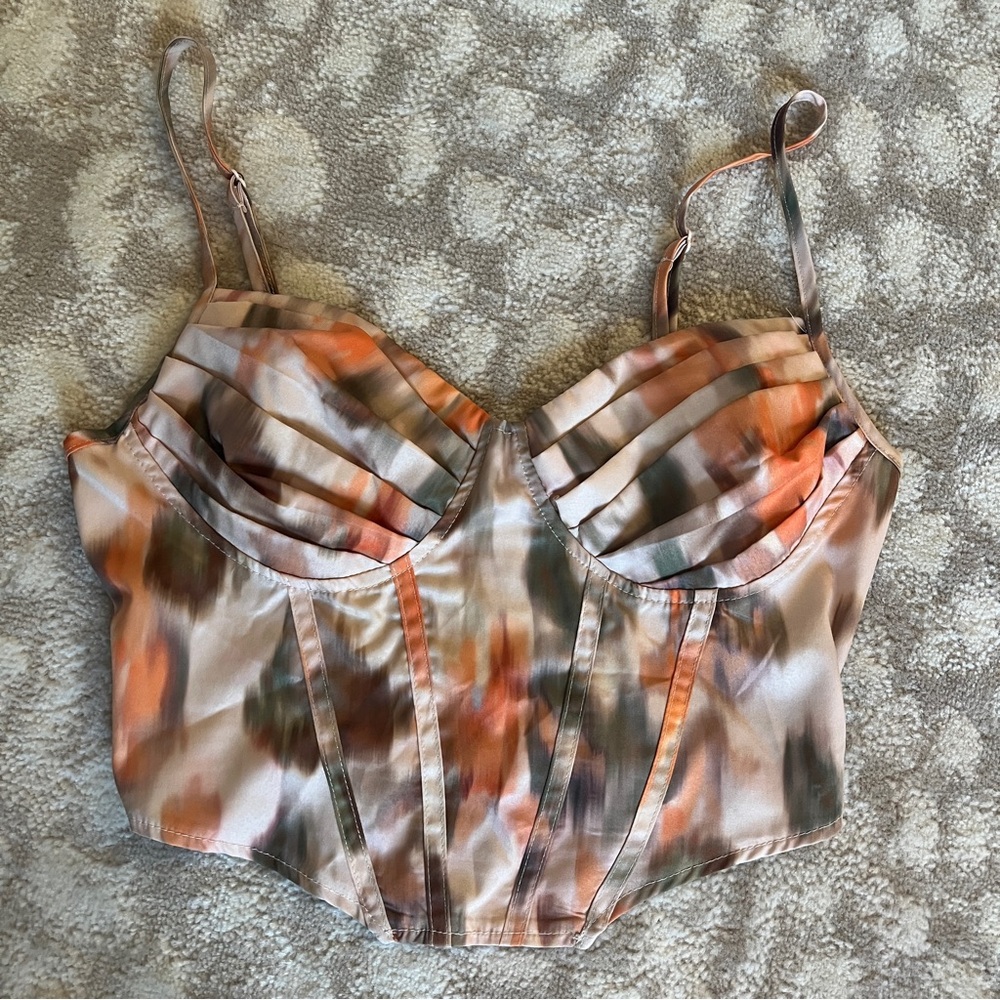 Abstract Y2K cropped corset top with adjustable straps